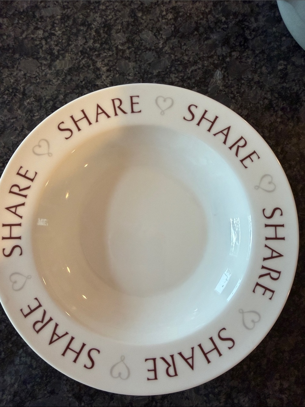 The Pampered Chef White Bowl with Burgundy "Share" Lettering 8.5 inche